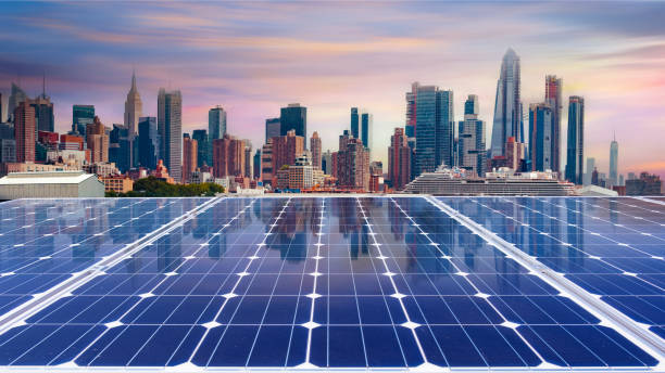 istock Solar panel over cityscapes, solar power green energy for life concept, 1559398345