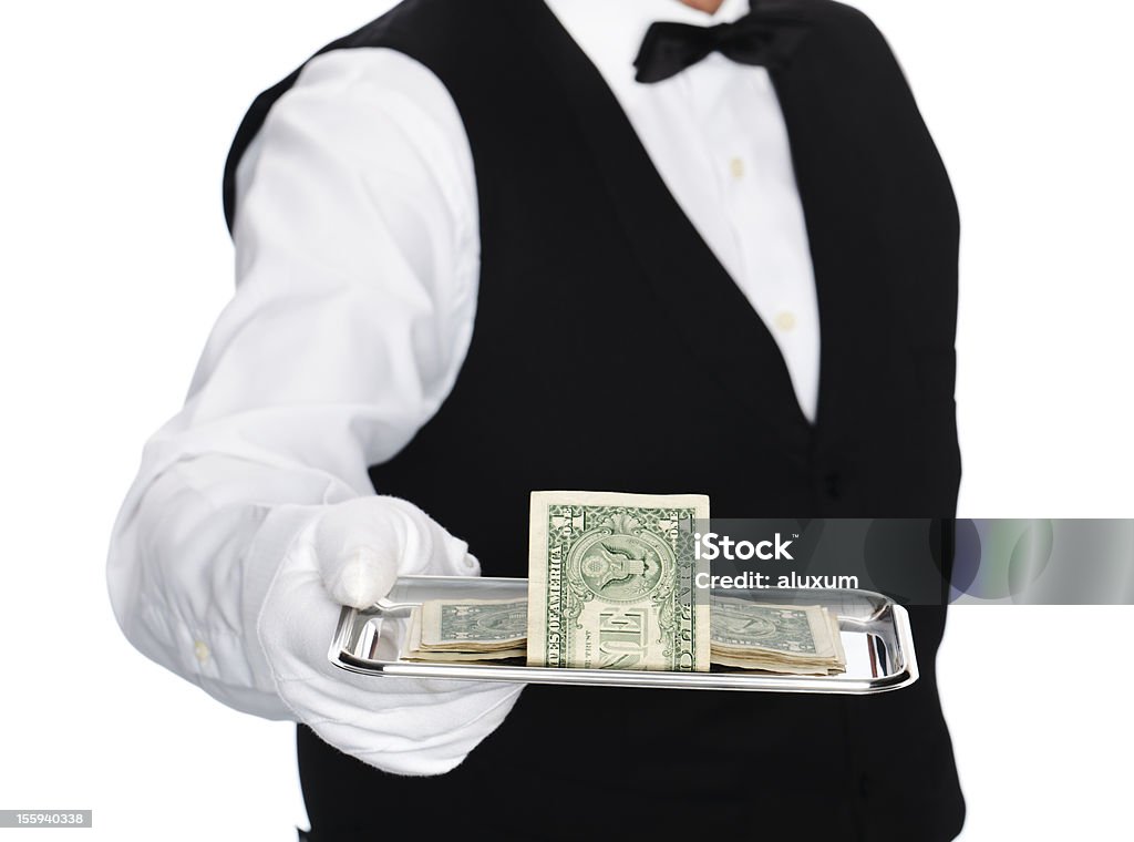 your money butler holding tray with dollar cash Adult Stock Photo