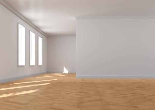 istock 3D rendering of white wood flooring, open and clean room 1559426846