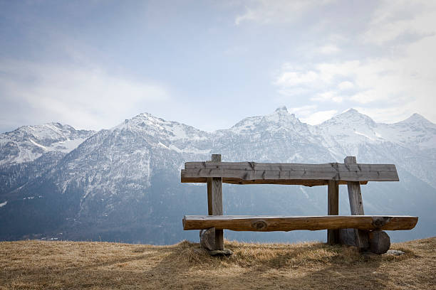 istock wooden bench on the alps 155942695