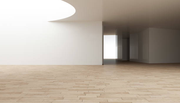 istock 3D rendering of white wood flooring, open and clean room 1559429069