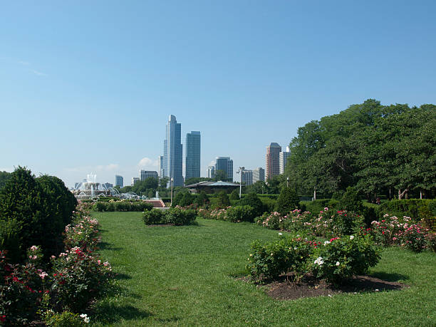 buckingham fountain y jardín de rosas - grounds city life park grant park fotografías e imágenes de stock