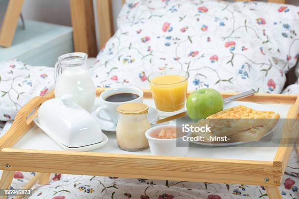 Breakfast On A Bed Stock Photo - Download Image Now - Apple - Fruit, Bed - Furniture, Belgian Waffle
