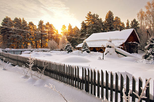 istock House is surrounded by snow in woods at dawn 155949226