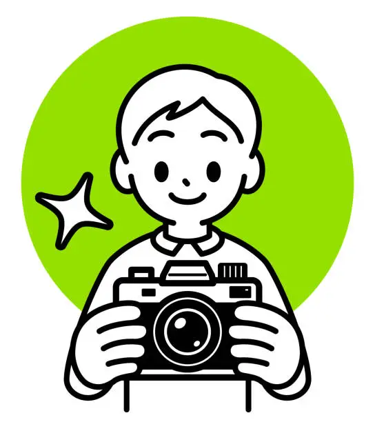 Vector illustration of A boy holding a camera, looking at the viewer, minimalist style, black and white outline
