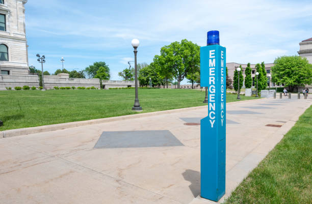 The Blue Emergency Call Box In Front of State Capital of St Paul, MN stock photo