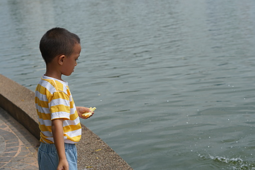 boy feeding fish in garden