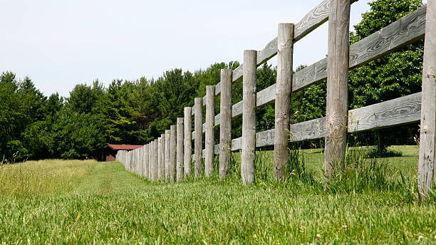 istock Wood fence line and field in summer 155960421