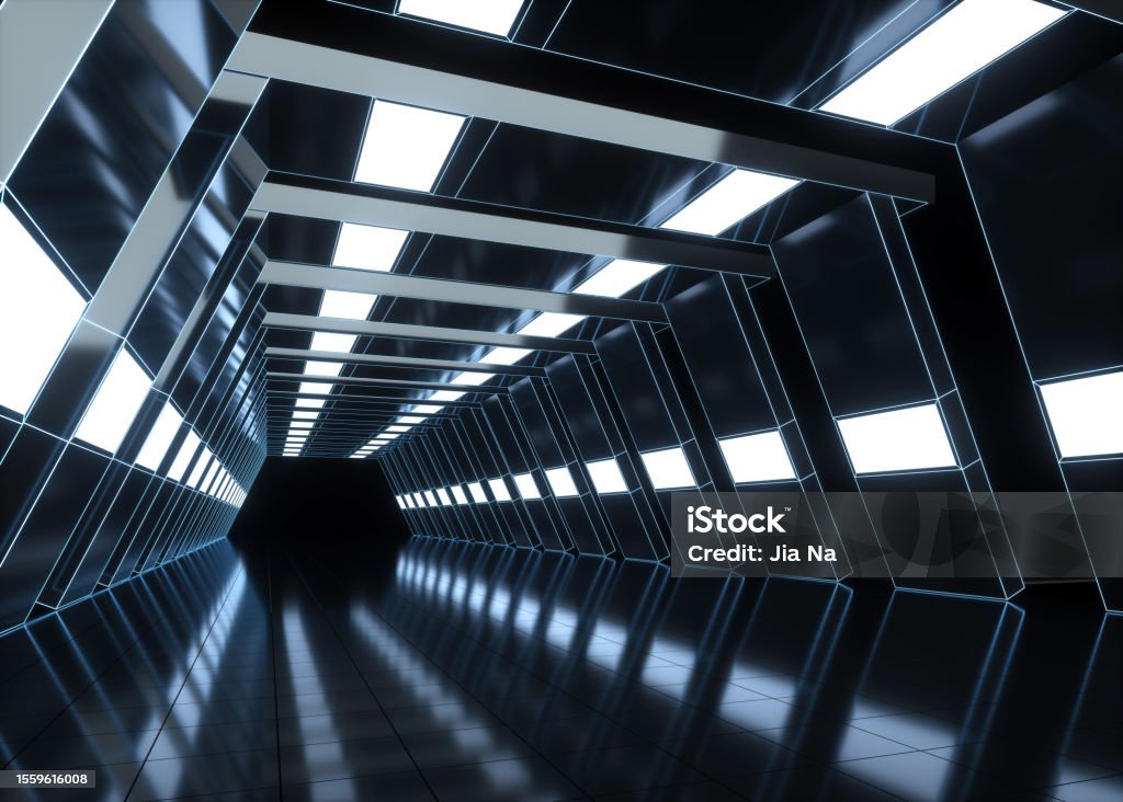 Scientific and technological indoor space Futuristic,The Way Forward,Technology,City,Abstract,Tunnel,Vanishing Point,Lighting Equipment,Spaceship,Diminishing Perspective,Transportation,Street,Architecture,Illuminated,Symmetry,Fiber Optic,5G,Copy Futuristic Stock Photo
