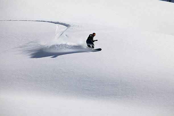 Snow boarder cutting fresh tracks stock photo