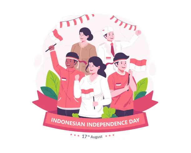 Vector illustration of Youth celebrate Indonesia's Independence Day by holding the red and white Indonesian flag. Indonesia Independence Day on August 17th Concept illustration