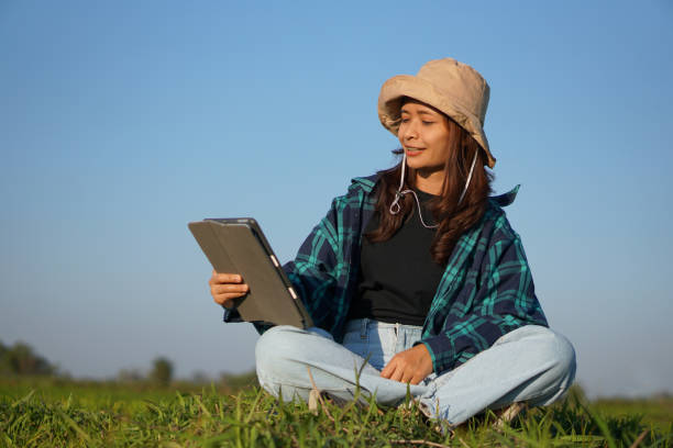 istock Asian female farmer uses computer to analyze rice growth. 1559694489