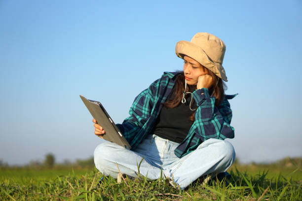istock Asian female farmer uses computer to analyze rice growth. 1559694523