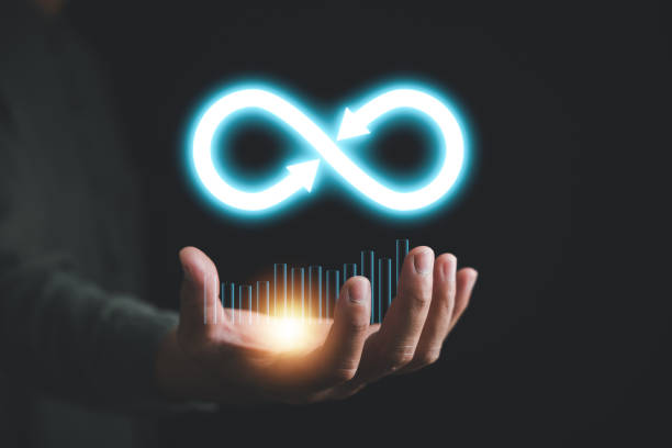 istock Circular infinity symbol in businessman's hand on dark background 1559697911