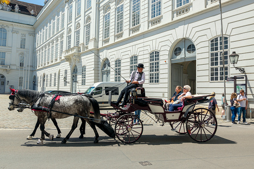 Vienna, Austria - June 13, 2023: Walking cart with horses on  Josefsplatz Square in Vienna