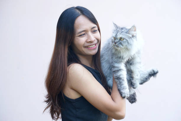 istock Woman smiling happily holding a gray cat 1559701673