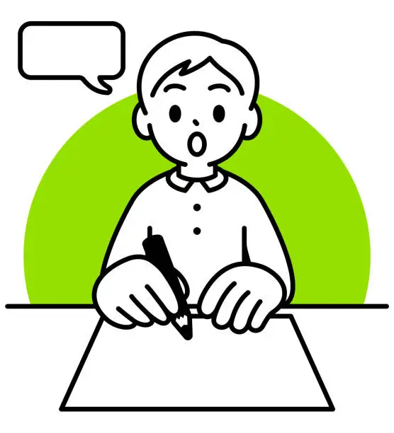 Vector illustration of A boy sitting at a desk and ready to write or draw something, looking at the viewer, minimalist style, black and white outline