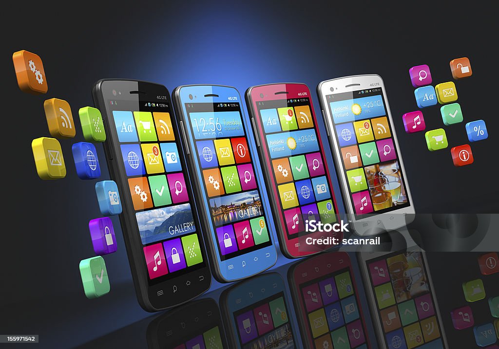 Múltiplos smartphones contra Fundo abstrato - Royalty-free Aplicação móvel Foto de stock
