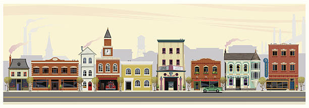 Along Main Street An illustrated depiction of shops, restaurants, stores and businesses along a main street in rural America. The scene in set in early fall with cool morning air, smoke stacks, church, water tower and suspended bridge in the background. In the foreground are (from left to right) a mansard roofed business, early american storefront, tall business-dwelling, firestation with clock tower, city hall, art deco movie theater, another storefront followed by a victorian restaurant and a drugstore. downtown district illustrations stock illustrations