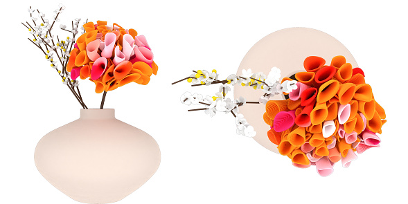A set of two isolated images from different angles. Bouquet of abstract plants with white and orange flowers in a porcelain vase. Isolate. 3D render.
