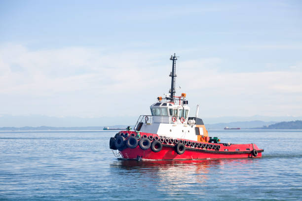 красный буксир с белой рулевой рубкой, плывущий по холмистому побережью ранним утром - tugboat стоковые фото и изображения