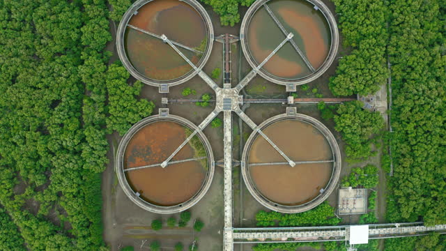 Aerial top view sewage treatment plant in mangrove forest for waste water management for environment conservation concept.