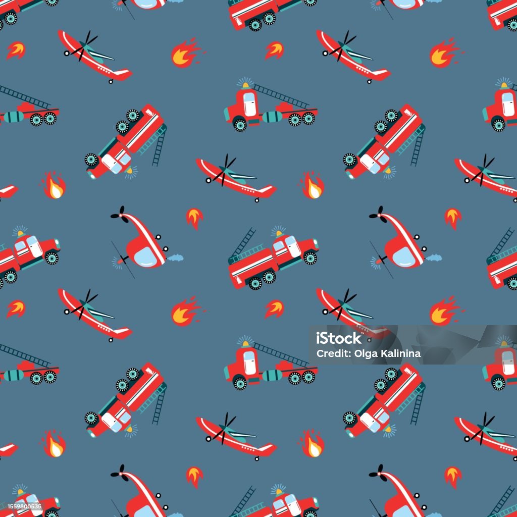 Fire Engine Pattern Material Fireman Seamless Pattern Fire Engine Fire Helicopter Fire Plane Stock ...