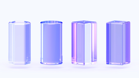 Glass cylinder, rectangle cube and hexagon pillar, 3d render icons set. Crystal rainbow column podium, blank pedestal platform with hologram gradient for presentation, display product. 3D illustration
