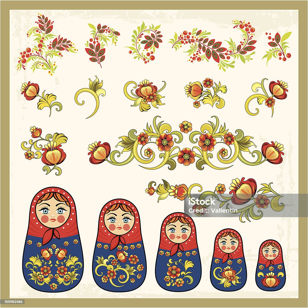 Vector Ornaments in Russian Style Vector ornamental set in traditional Russian style, including Matryoshka dolls and various floral designs. Adult stock vector