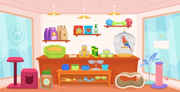 Pet shop interior. Cartoon room indoor zoo store, pets shopping inside or domestic animal house, small petshop home sales toy accessories for dog and cat vector illustration of petshop feline indoor