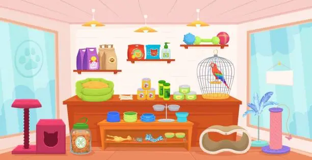 Vector illustration of Pet shop interior. Cartoon room indoor zoo store, pets shopping inside or domestic animal house, small petshop home sales toy accessories for dog and cat decent vector illustration