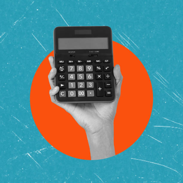 istock Counting Time. Modern art collage depicting a human hand counting time with a calculator, on a blue background. 1559825648