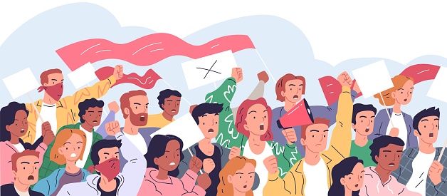 Crowd protesters marching. Angry protesting people rally on street demonstration justice freedom revolution parade or strike political protest propaganda classy vector illustration of protest angry