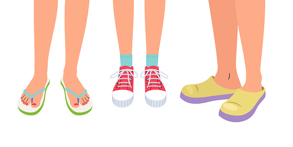 Persons feet in different shoes, shales, gumshoes, sneakers, shoes on a high platform. Vector of footwear and shoes for summer season illustration