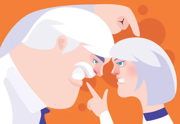 Vector illustration of senior couple arguing and pointing fingers