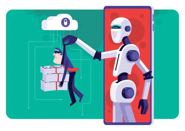 Vector illustration of robot catching hacker on smartphone