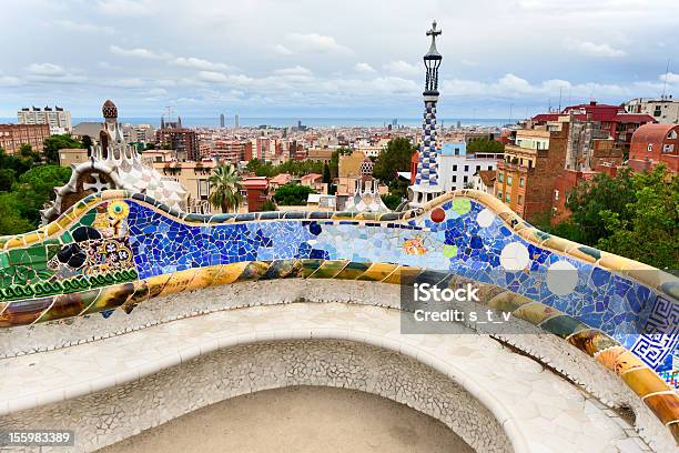 The Bench By Gaudi In Parc Guell Barcelona Stock Photo - Download Image Now - Antoni Gaudí, Art, Blue