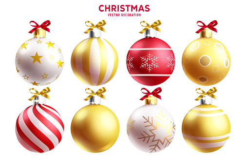 Christmas balls vector set design. Christmas ball with elegant stars and snowflakes pattern in gold color round shape xmas ornaments. Vector illustration for holiday season round shape elements.