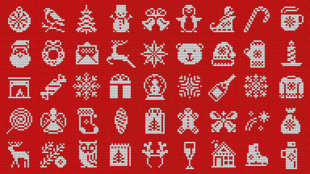 festliches strickelemente-set - weihnachts- und neujahrsdesigns auf rotem hintergrund - christmas pattern stock-grafiken, -clipart, -cartoons und -symbole