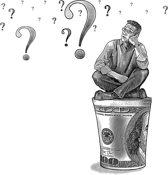 Businessman Thinking About Money Engraving style illustration of businessman sitting on roll of one hundred dollar bills and thinking about money and/or finances. question mark illustrations stock illustrations