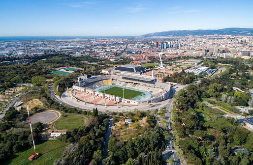 Barcelona, Spain - April 11, 2019: View Point Of Barcelona in Spain. Olympic Stadium in Background. Sightseeing place.