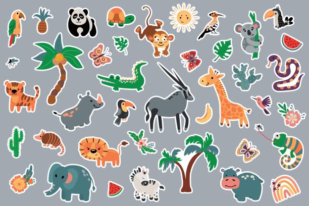 Safari animals sticker set. Drawn style. Safari animals sticker set. Drawn style. rainbow toucan stock illustrations
