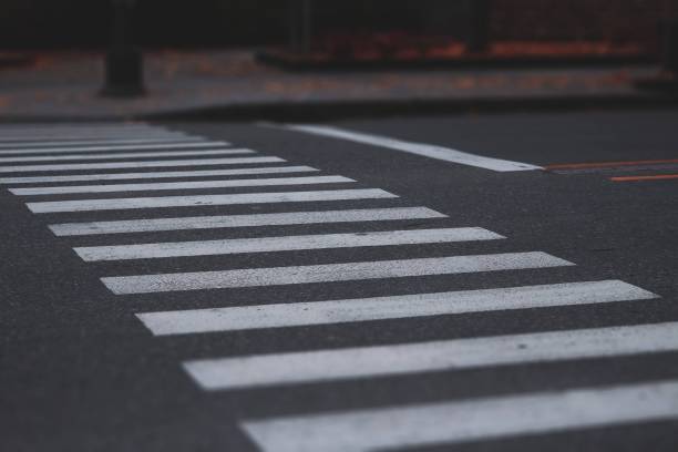 istock Asphalt road marked with white lines to signify a designated crosswalk. 1559930583