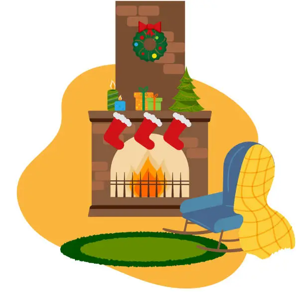 Vector illustration of Room at Christmas night, empty home interior with fireplace, burning candles, decorated fir tree with gifts and presents and cozy armchair with santa hat decor. Xmas eve Cartoon vector illustration