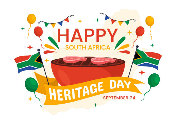 ilustraciones, imágenes clip art, dibujos animados e iconos de stock de feliz día del patrimonio de sudáfrica ilustración vectorial el 24 de septiembre con fondo de bandera ondeando, honrando las plantillas de cultura y tradiciones africanas - flag south african flag south africa national flag