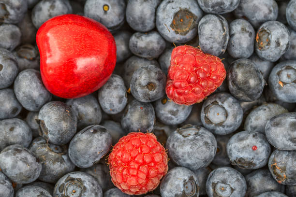 Fruit wallpaper, blueberries, raspberries and sweet cherry close up, frame filled, top view