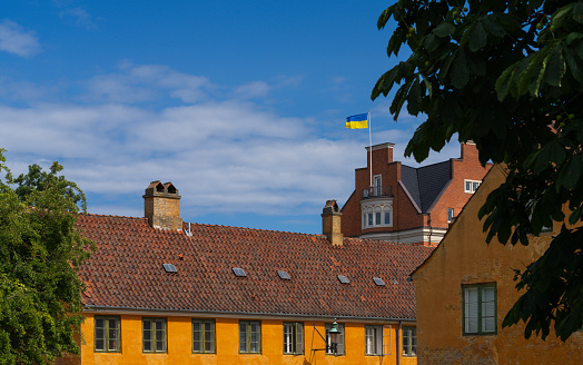 The Ukrainian flag is waving in central part of Copenhagen, Denmark.