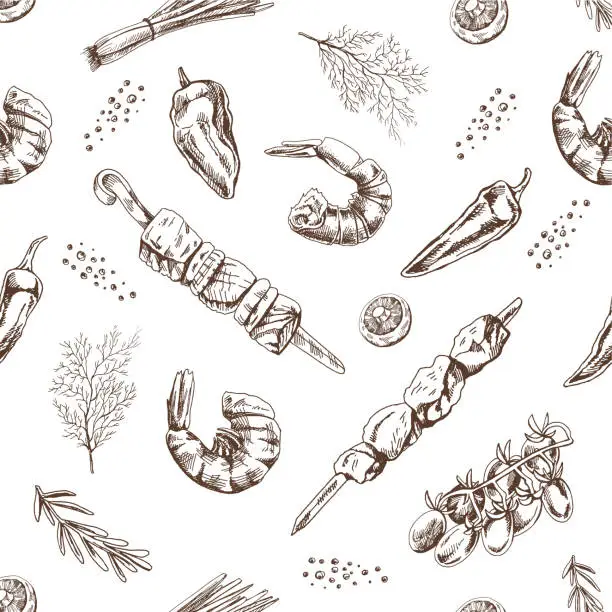 Vector illustration of Hand-drawn vector seamless pattern of kebabs, shrimp, greens, mushrooms. Vintage doodle illustration. Sketch for cafe menus and labels. The engraved image.