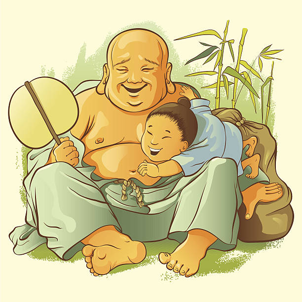 Hotei Wishmaster Laughing Hotei and the boy waiting for a gift. hotei the god of happiness stock illustrations