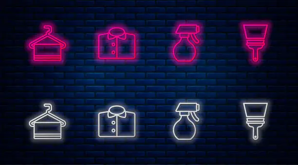 Vector illustration of Set line T-shirt, Water spray bottle, Towel on hanger and Rubber cleaner for windows. Glowing neon icon on brick wall. Vector